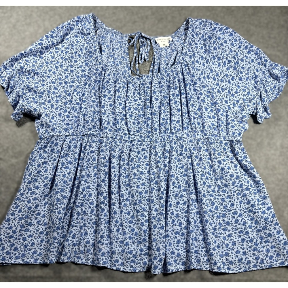 Chic Soul Blue Floral Babydoll Top Plus Size 3X Ruffle Sleeve Tie Back Rayon